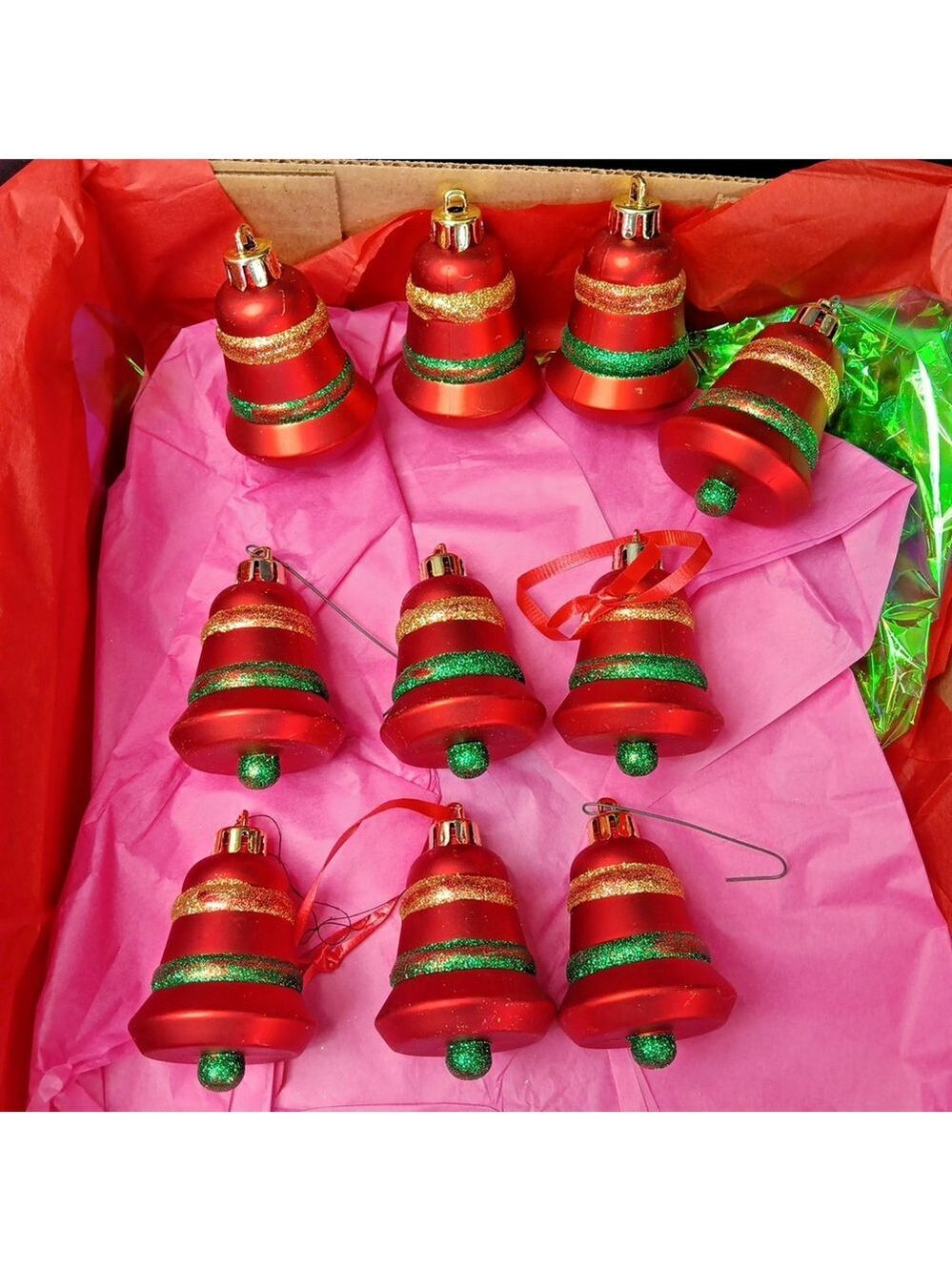 10pcs Bell Christmas Ornaments Plastic Red Green Gold CN Unbreakable